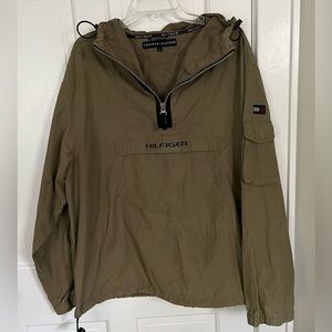 Tommy Hilfiger Vintage 1/4 Zip Hooded Pullover Windbreaker Tan Men’s Size Large
